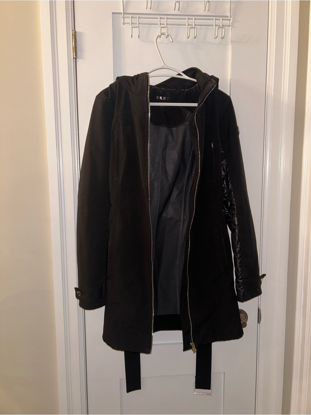 DKNY Black Hooded Trench Coat with Zip Front